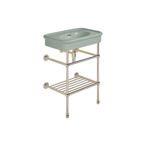 Rockwell 610mm Willow Green basin on basin stand with shelf. Zero, one or three tap holes.