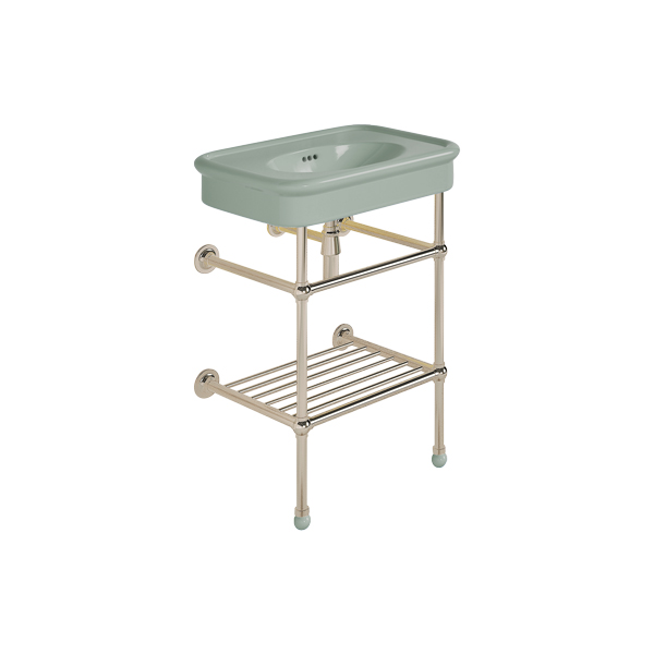 Rockwell 610mm Willow Green basin on basin stand with shelf. Zero, one or three tap holes.