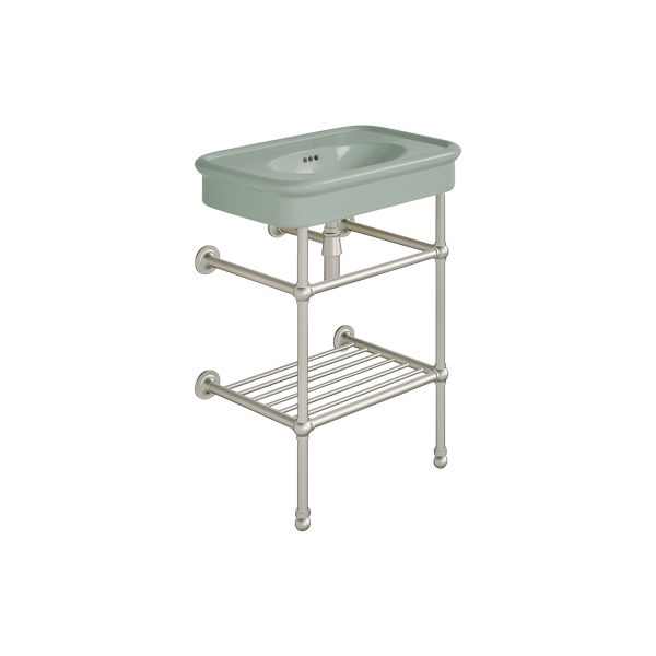 Rockwell 610mm Willow Green basin on basin stand with shelf. Zero, one or three tap holes.