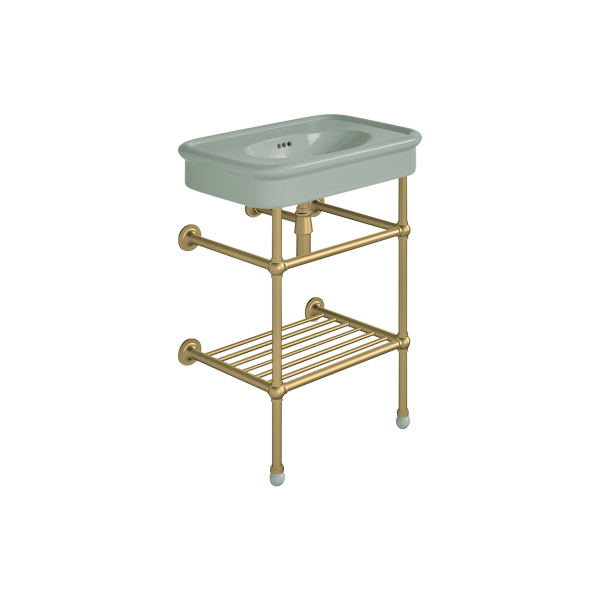 Rockwell 610mm Willow Green basin on basin stand with shelf. Zero, one or three tap holes.