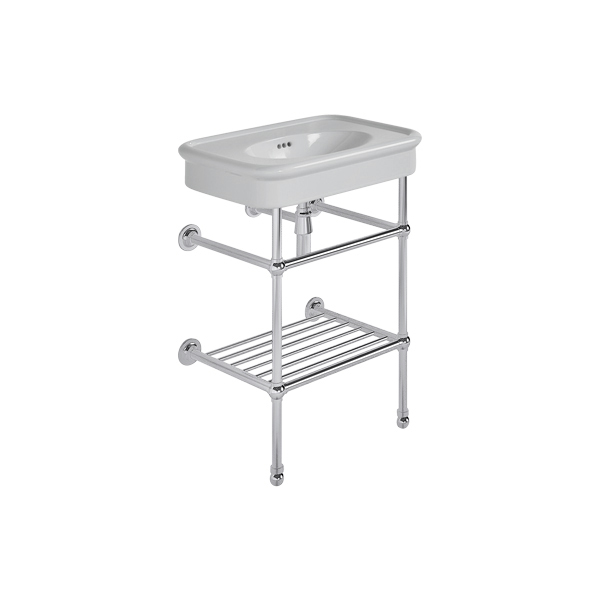 Rockwell 610mm Seattle Grey basin on basin stand with shelf. One or three tap holes.