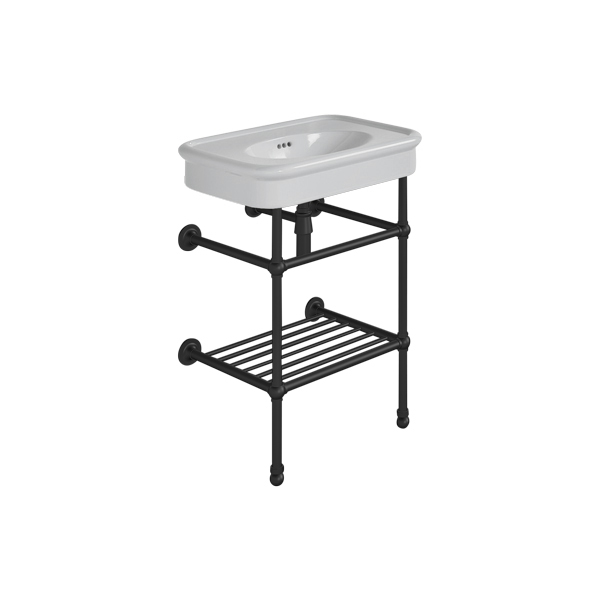 Rockwell 610mm Seattle Grey basin on basin stand with shelf. One or three tap holes.