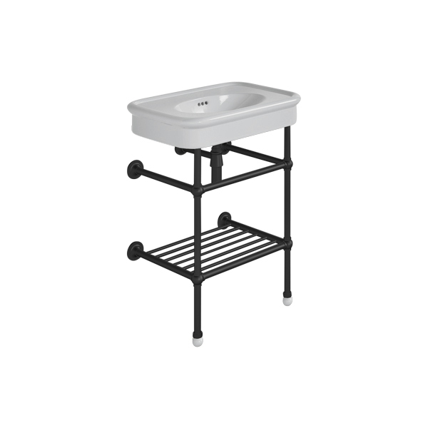 Rockwell 610mm Seattle Grey basin on basin stand with shelf. One or three tap holes.