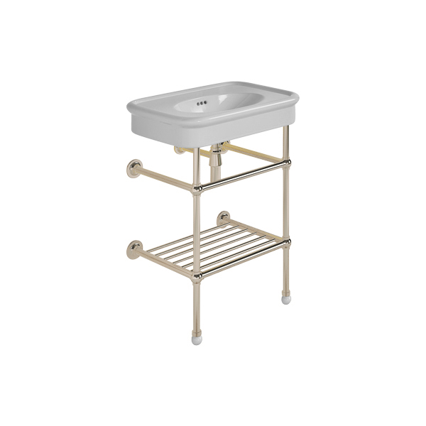 Rockwell 610mm Seattle Grey basin on basin stand with shelf. One or three tap holes.