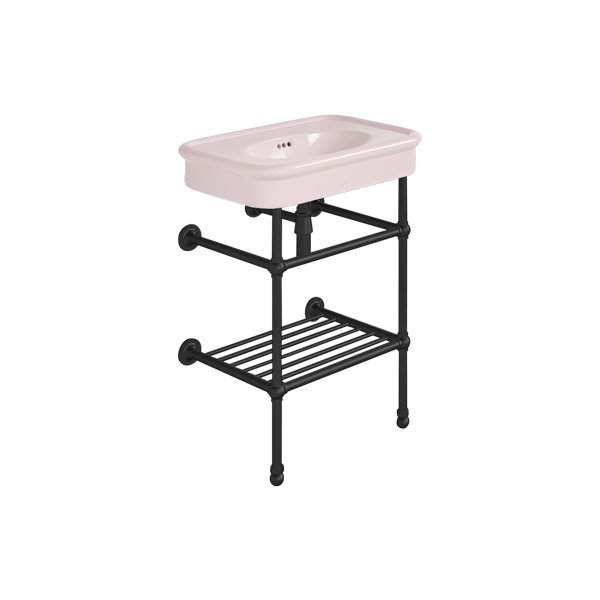 Rockwell 610mm Pale Pink basin on basin stand with shelf. Zero, one or three tap holes.