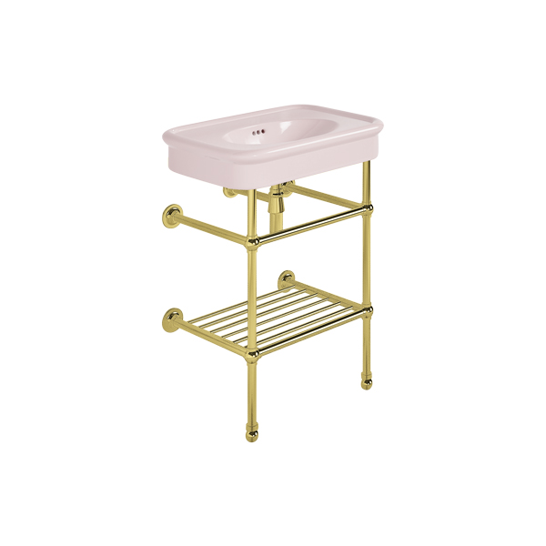 Rockwell 610mm Pale Pink basin on basin stand with shelf. Zero, one or three tap holes.
