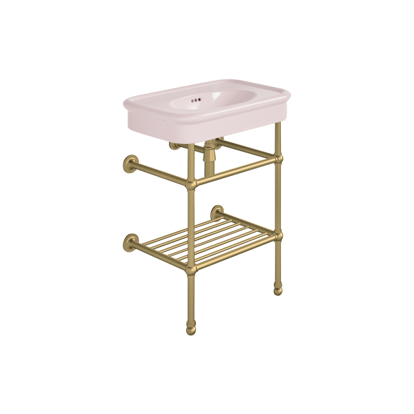 Rockwell 610mm Pale Pink basin on basin stand with shelf. Zero, one or three tap holes.