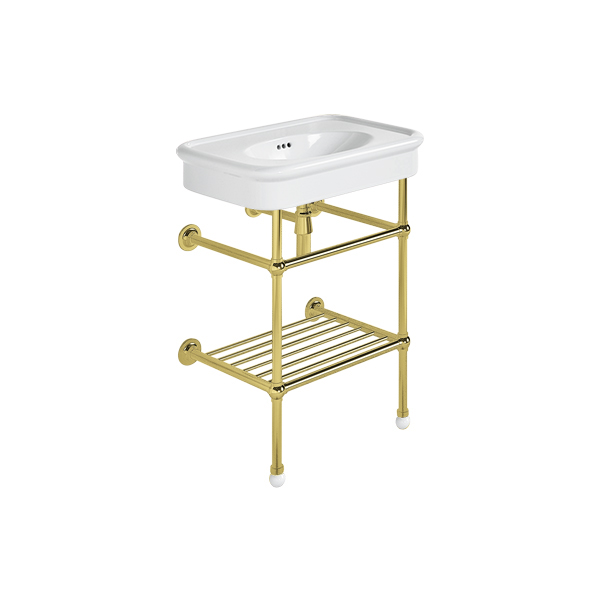 Rockwell 610mm White basin on basin stand with shelf. Zero, one or three tap holes.