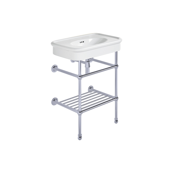 Rockwell 610mm White basin on basin stand with shelf. Zero, one or three tap holes.