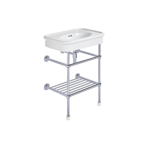 Rockwell 610mm White basin on basin stand with shelf. Zero, one or three tap holes.
