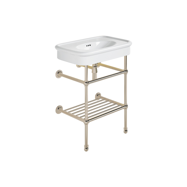 Rockwell 610mm White basin on basin stand with shelf. Zero, one or three tap holes.