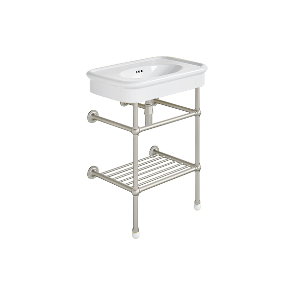 Rockwell 610mm White basin on basin stand with shelf. Zero, one or three tap holes.