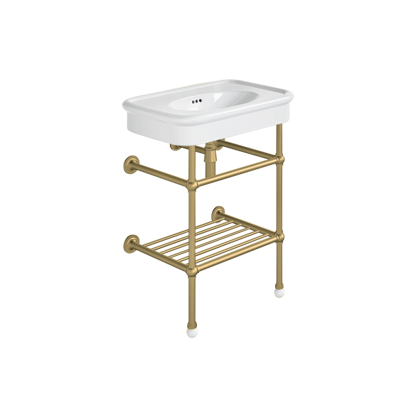 Rockwell 610mm White basin on basin stand with shelf. Zero, one or three tap holes.