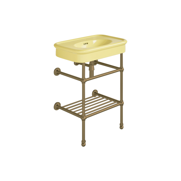 Rockwell 610mm Sherbet Yellow basin on basin stand with shelf. Zero, one or three tap holes.