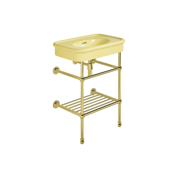 Rockwell 610mm Sherbet Yellow basin on basin stand with shelf. Zero, one or three tap holes.