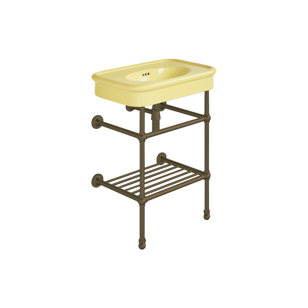 Rockwell 610mm Sherbet Yellow basin on basin stand with shelf. Zero, one or three tap holes.