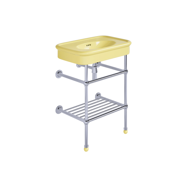Rockwell 610mm Sherbet Yellow basin on basin stand with shelf. Zero, one or three tap holes.