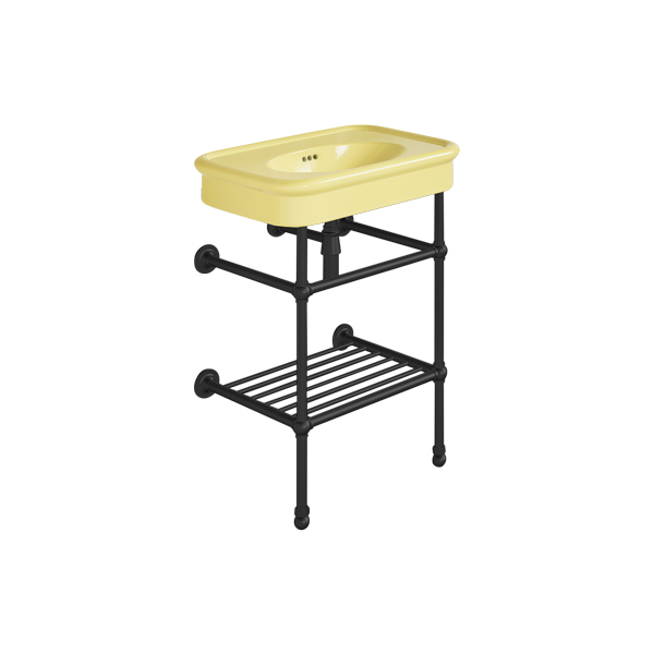 Rockwell 610mm Sherbet Yellow basin on basin stand with shelf. Zero, one or three tap holes.