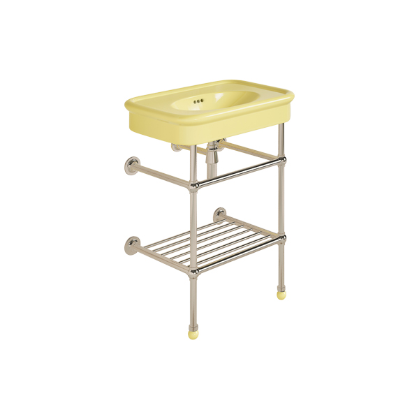 Rockwell 610mm Sherbet Yellow basin on basin stand with shelf. Zero, one or three tap holes.
