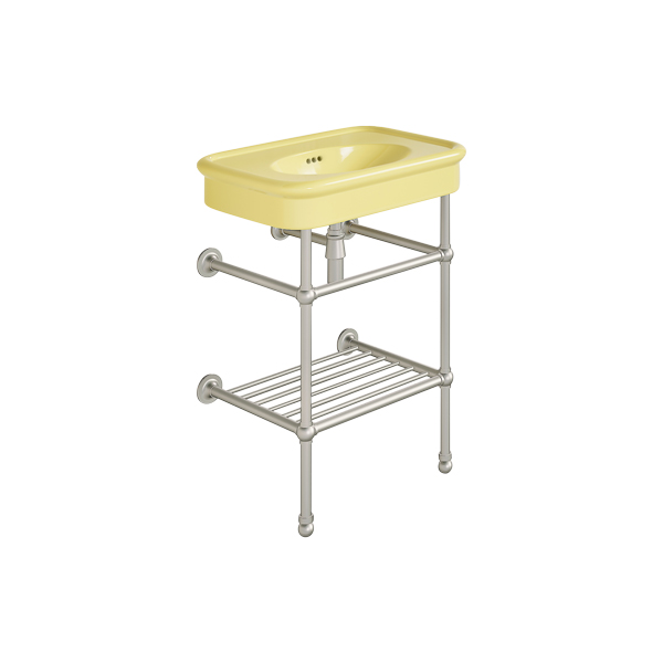 Rockwell 610mm Sherbet Yellow basin on basin stand with shelf. Zero, one or three tap holes.