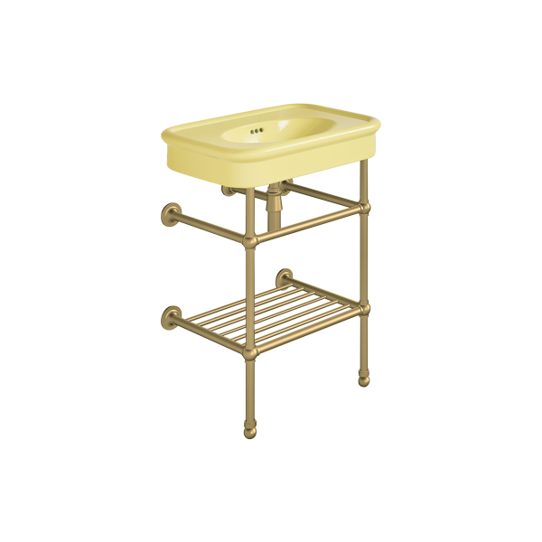 Rockwell 610mm Sherbet Yellow basin on basin stand with shelf. Zero, one or three tap holes.