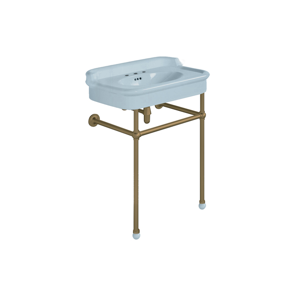 Rockwell 680mm Powder Blue basin with upstand on basin stand. Zero, one or three tap holes.
