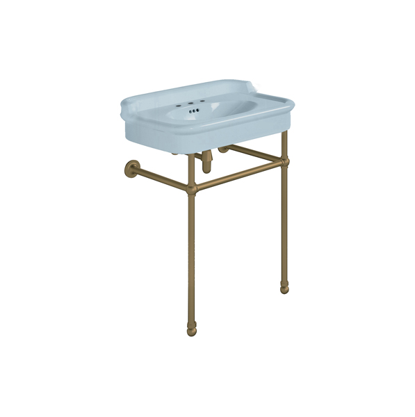Rockwell 680mm Powder Blue basin with upstand on basin stand. Zero, one or three tap holes.