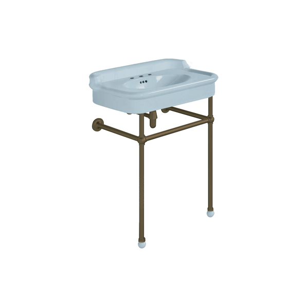 Rockwell 680mm Powder Blue basin with upstand on basin stand. Zero, one or three tap holes.