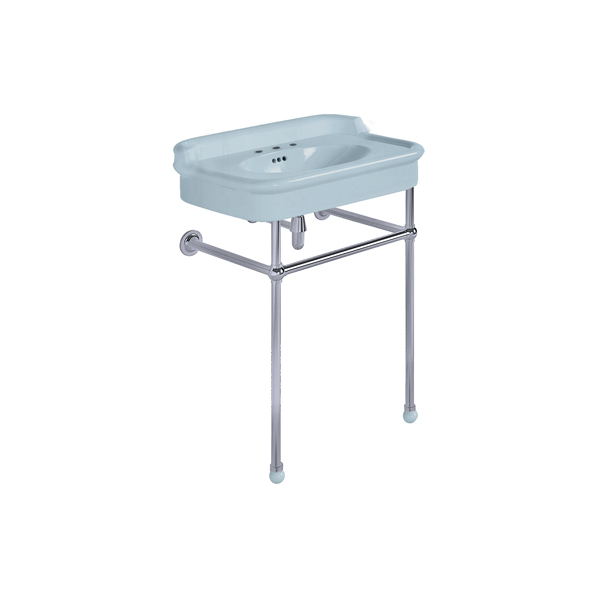 Rockwell 680mm Powder Blue basin with upstand on basin stand. Zero, one or three tap holes.