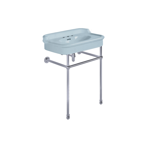 Rockwell 680mm Powder Blue basin with upstand on basin stand. Zero, one or three tap holes.