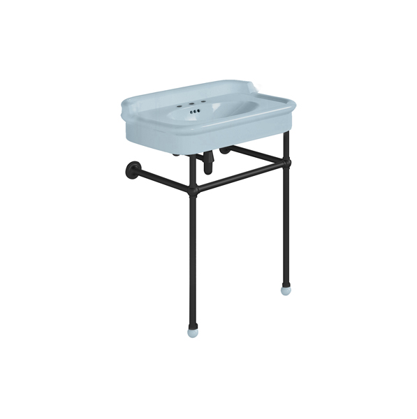 Rockwell 680mm Powder Blue basin with upstand on basin stand. Zero, one or three tap holes.