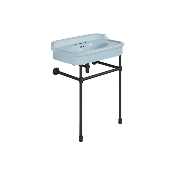 Rockwell 680mm Powder Blue basin with upstand on basin stand. Zero, one or three tap holes.