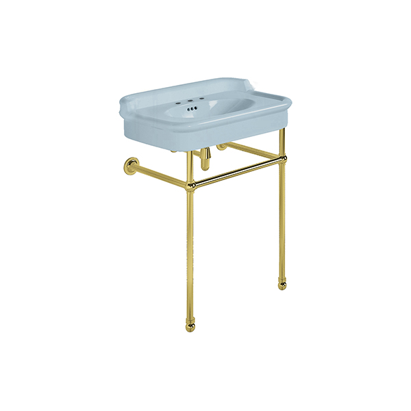 Rockwell 680mm Powder Blue basin with upstand on basin stand. Zero, one or three tap holes.