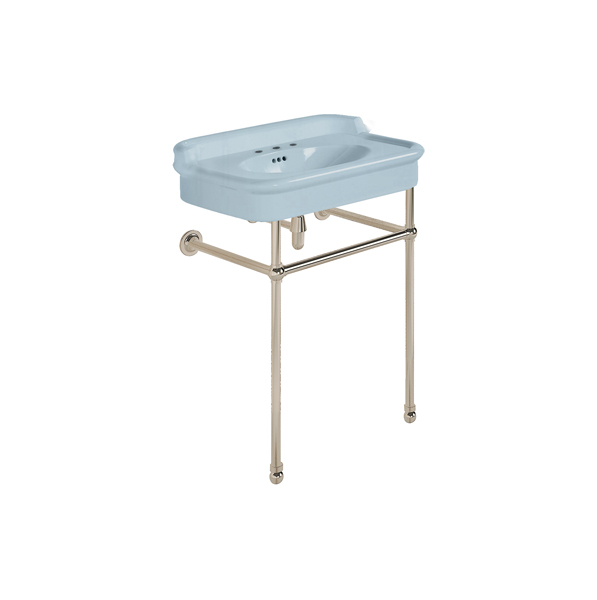 Rockwell 680mm Powder Blue basin with upstand on basin stand. Zero, one or three tap holes.