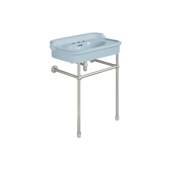 Rockwell 680mm Powder Blue basin with upstand on basin stand. Zero, one or three tap holes.
