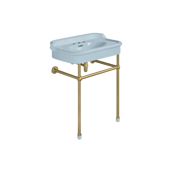 Rockwell 680mm Powder Blue basin with upstand on basin stand. Zero, one or three tap holes.