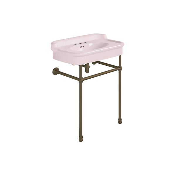 Rockwell 680mm Pale Pink basin with upstand on basin stand. Zero, one or three tap holes.