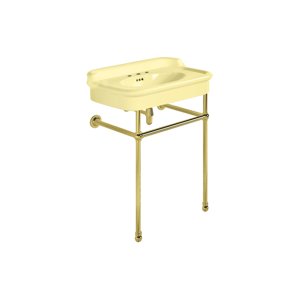 Rockwell 680mm Sherbet Yellow basin with upstand on basin stand. Zero, one or three tap holes.