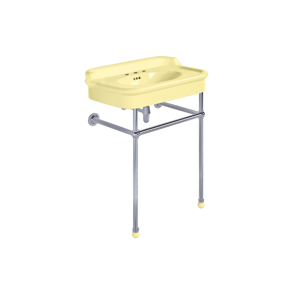 Rockwell 680mm Sherbet Yellow basin with upstand on basin stand. Zero, one or three tap holes.