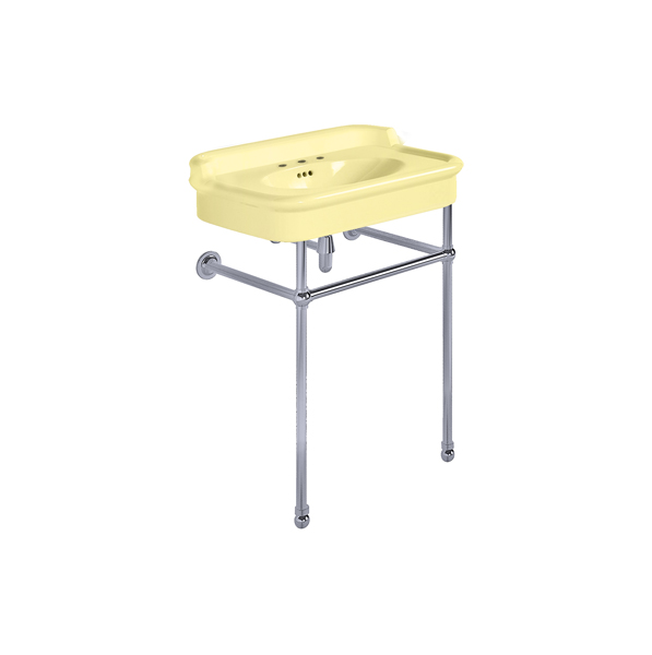 Rockwell 680mm Sherbet Yellow basin with upstand on basin stand. Zero, one or three tap holes.