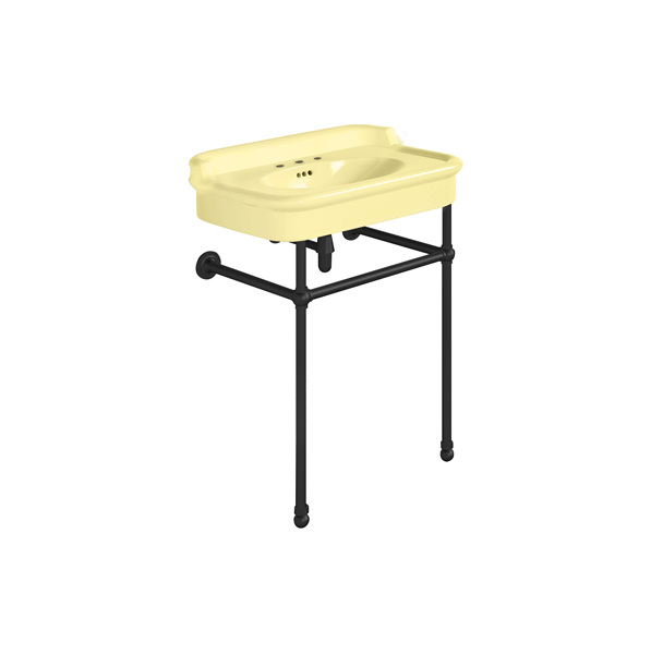 Rockwell 680mm Sherbet Yellow basin with upstand on basin stand. Zero, one or three tap holes.