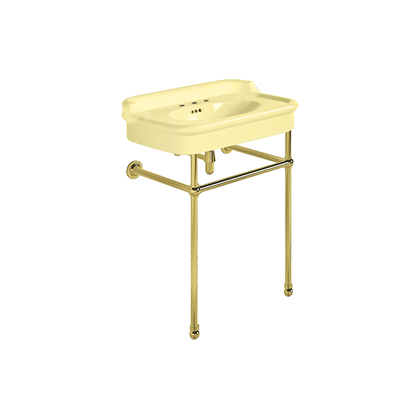 Rockwell 680mm Sherbet Yellow basin with upstand on basin stand. Zero, one or three tap holes.