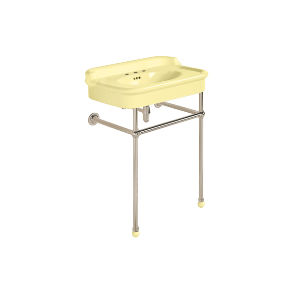 Rockwell 680mm Sherbet Yellow basin with upstand on basin stand. Zero, one or three tap holes.