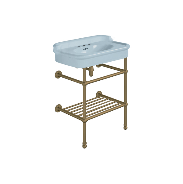 Rockwell 680mm Powder Blue basin with upstand on basin stand with shelf. Zero, one or three tap holes.