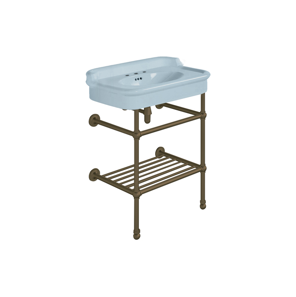 Rockwell 680mm Powder Blue basin with upstand on basin stand with shelf. Zero, one or three tap holes.