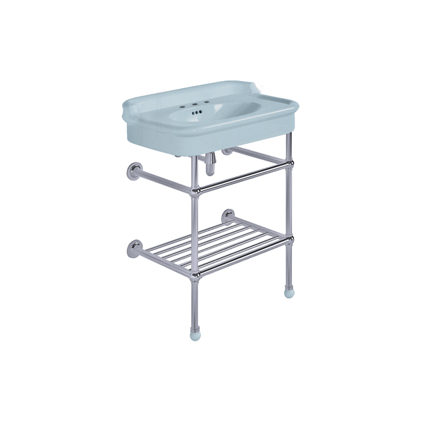 Rockwell 680mm Powder Blue basin with upstand on basin stand with shelf. Zero, one or three tap holes.