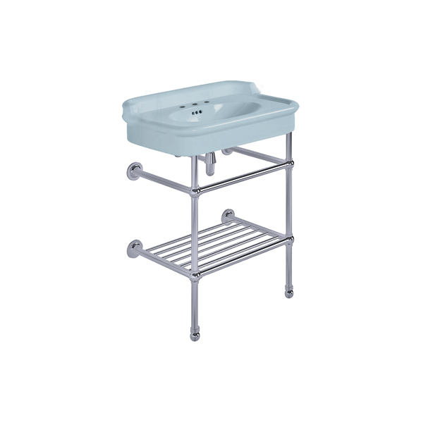 Rockwell 680mm Powder Blue basin with upstand on basin stand with shelf. Zero, one or three tap holes.