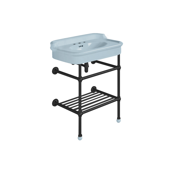 Rockwell 680mm Powder Blue basin with upstand on basin stand with shelf. Zero, one or three tap holes.