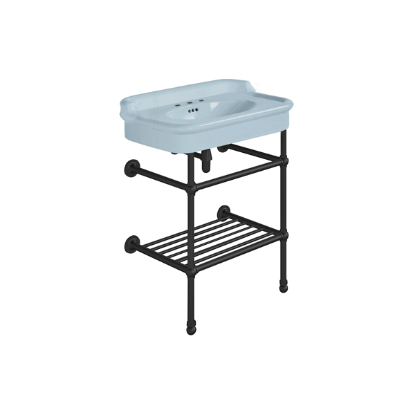 Rockwell 680mm Powder Blue basin with upstand on basin stand with shelf. Zero, one or three tap holes.