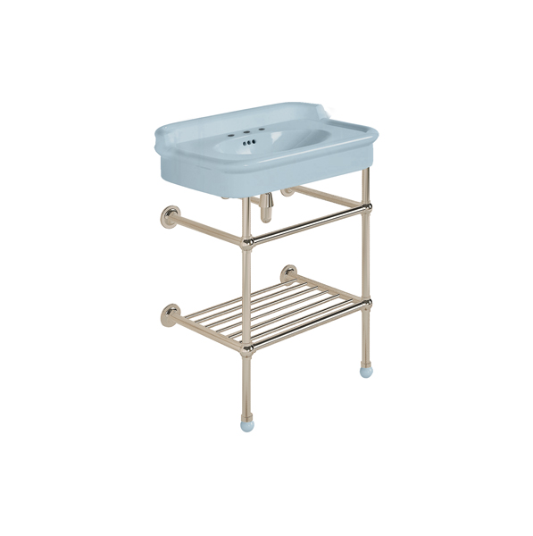 Rockwell 680mm Powder Blue basin with upstand on basin stand with shelf. Zero, one or three tap holes.
